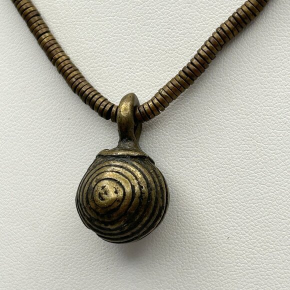 Vintage Tribal Brass Bell Pendant Necklace Ethnic Boho Statement Jewelry 17 inch - Picture 1 of 15